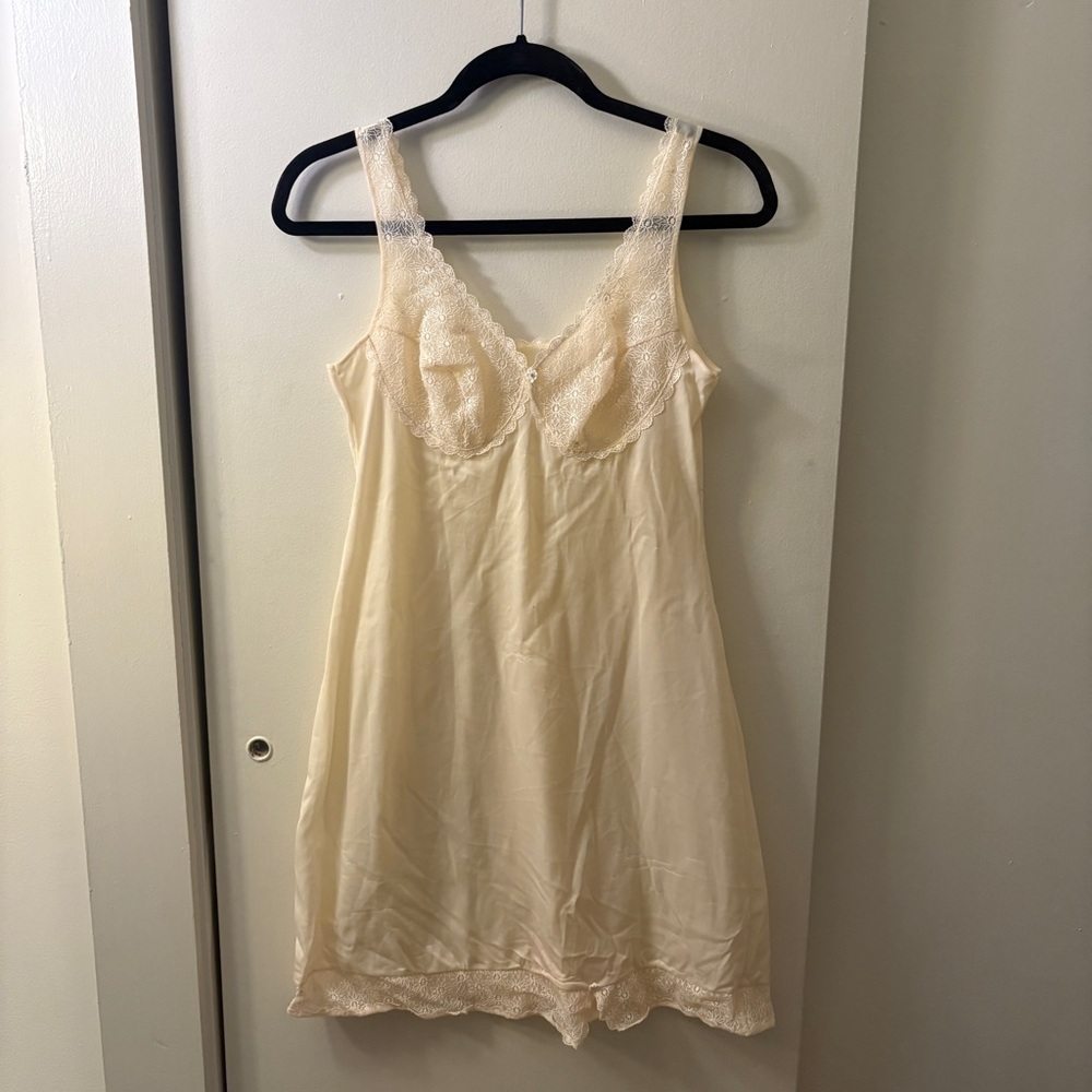 Vintage Cream Satin Chemise with Lace Trim